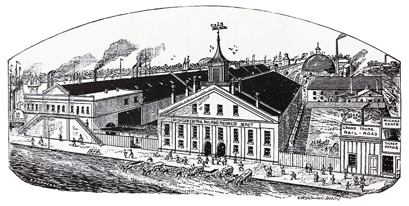all aboard The first Michigan Central Railroad Depot operated along Third Street, between Fort Street and the Detroit River, from the 1840s until 1884, when a new station was built on the same site. The original structure included a passenger depot, center, and a freight terminal, left. // Artist unknown, etching from "History of Detroit and Michigan" by Silas Farmer