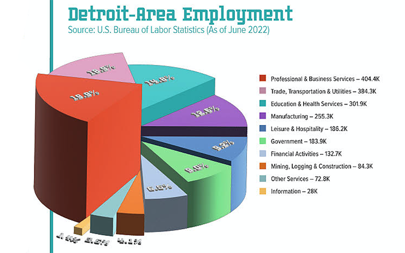 A pie chart breaking down detroit-area employment by sector