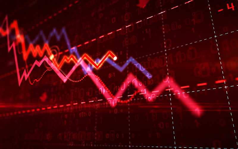 Stock markets down chart on grid background. Abstract concept of financial stagnation, recession, crisis, business crash and economic collapse. Downward trend 3d illustration.