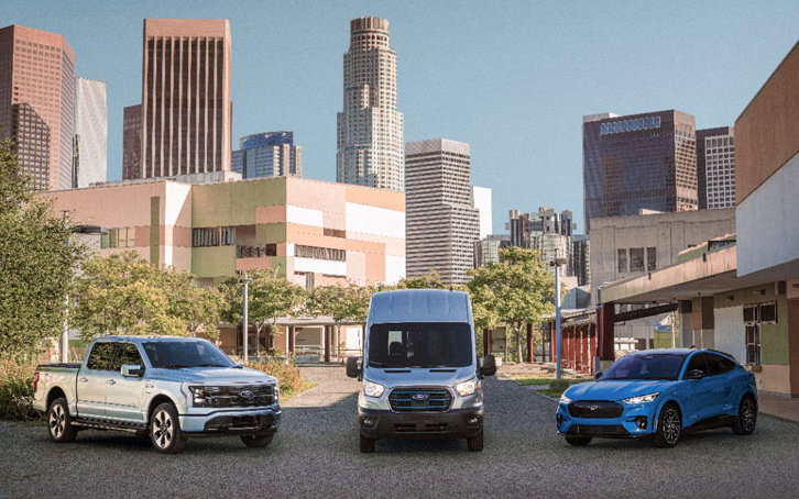 Photo of three cars: the F-150 Lightning Pro, E-Transit, and Mustang Mach-E.