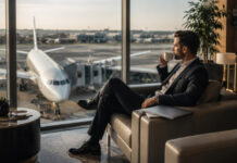 Report: Airport Lounges Gaining Favor for Free Food and Beverages, Staff Interactions A man sitting in an airport lounge.