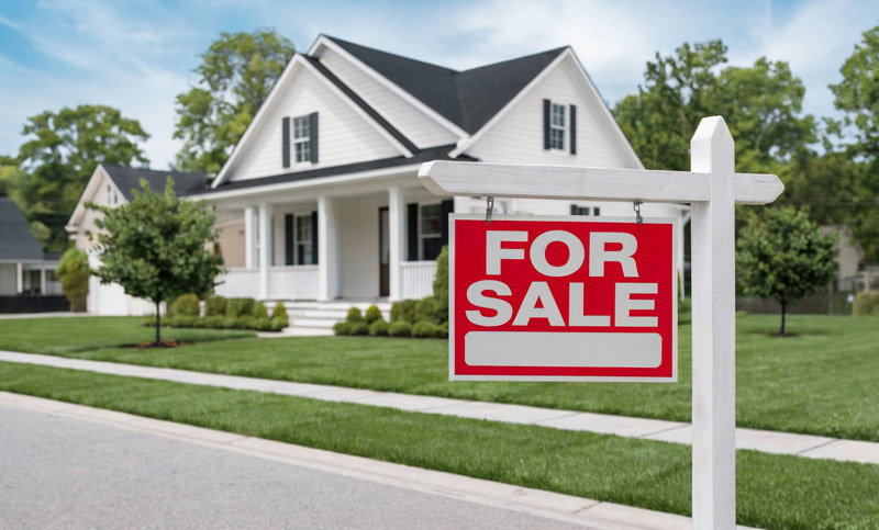 A bungalow-style home with a "For Sale" sign in front of it.