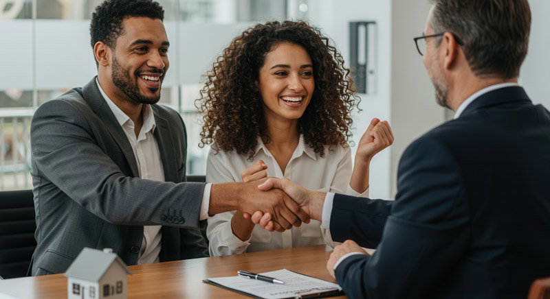 A couple shaking hands with a loan officer