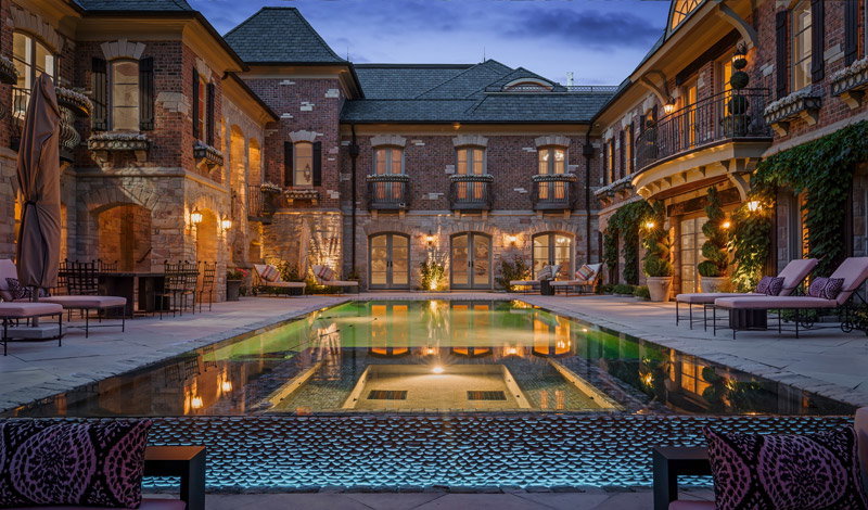 The $10.85 million mansion at 2756 Turtle Bluff Drive in Bloomfield Township features a custom Gunite saltwater pool with a cascading negative-edge stone waterfall feature with LED lighting.
