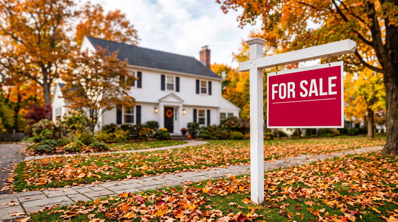 A two-story home during fall with a "For Sale" sign in the front yard.